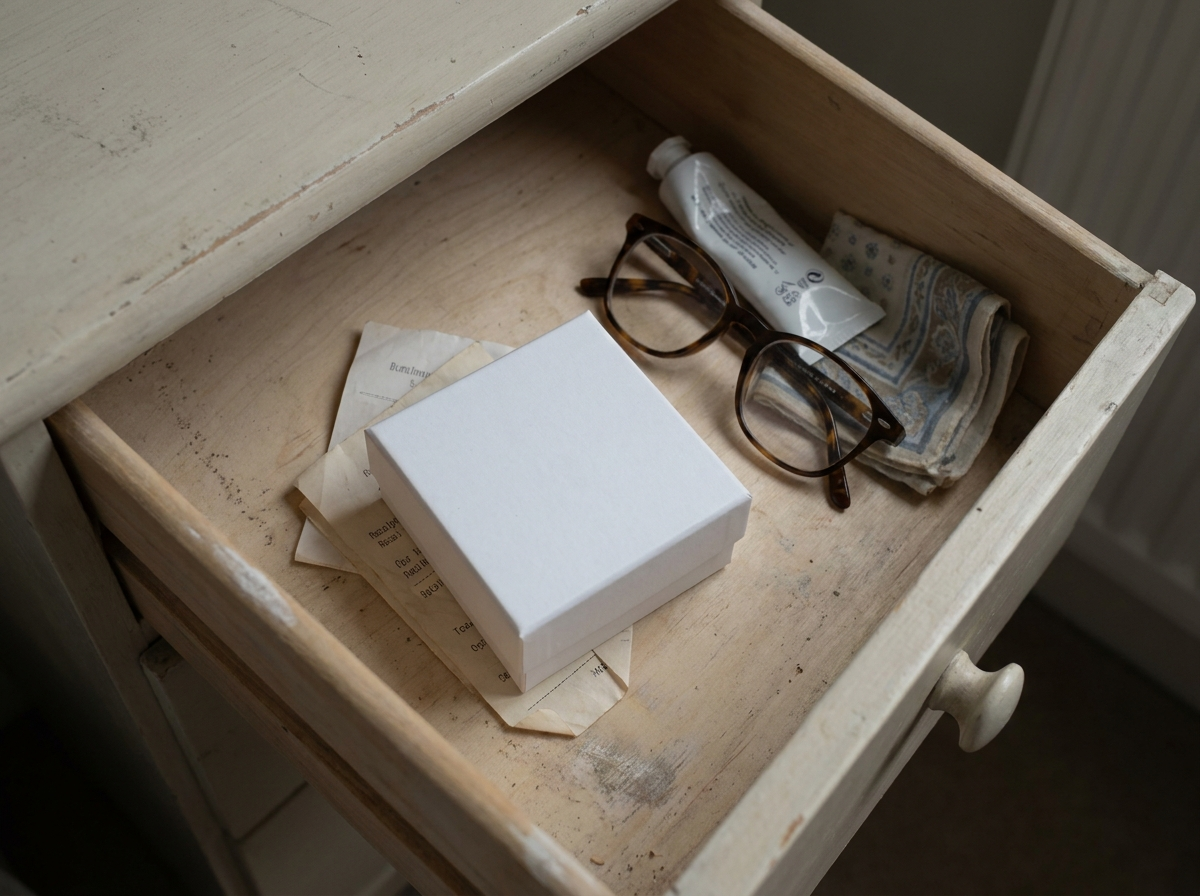 An open drawer with a small gift box inside, lid still on, a folded receipt beneath it