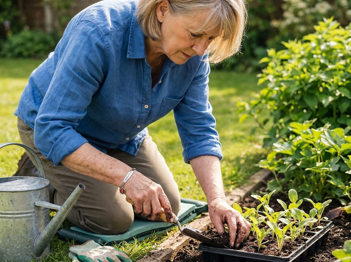 A woman in her seventies kneeling in her own garden planting seedlings, trowel in hand, soil on her fingers, the Wrist-Check Bracelet on her wrist