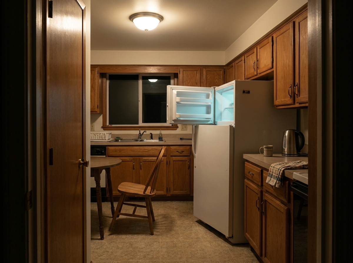 An empty kitchen at night seen from the doorway, one chair pushed back from the table and the freezer door standing ajar