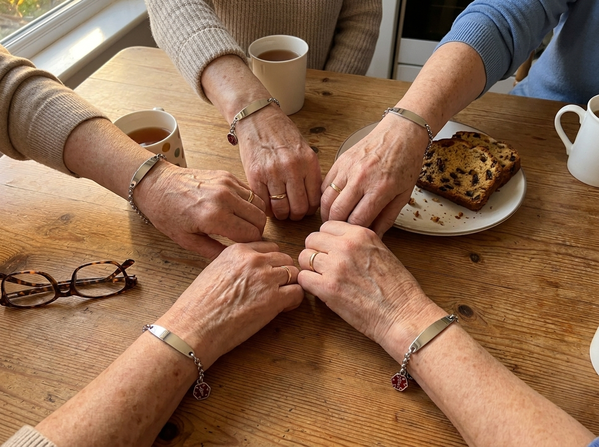 Four older women with their hands resting together on a kitchen table over tea, each wearing the bracelet