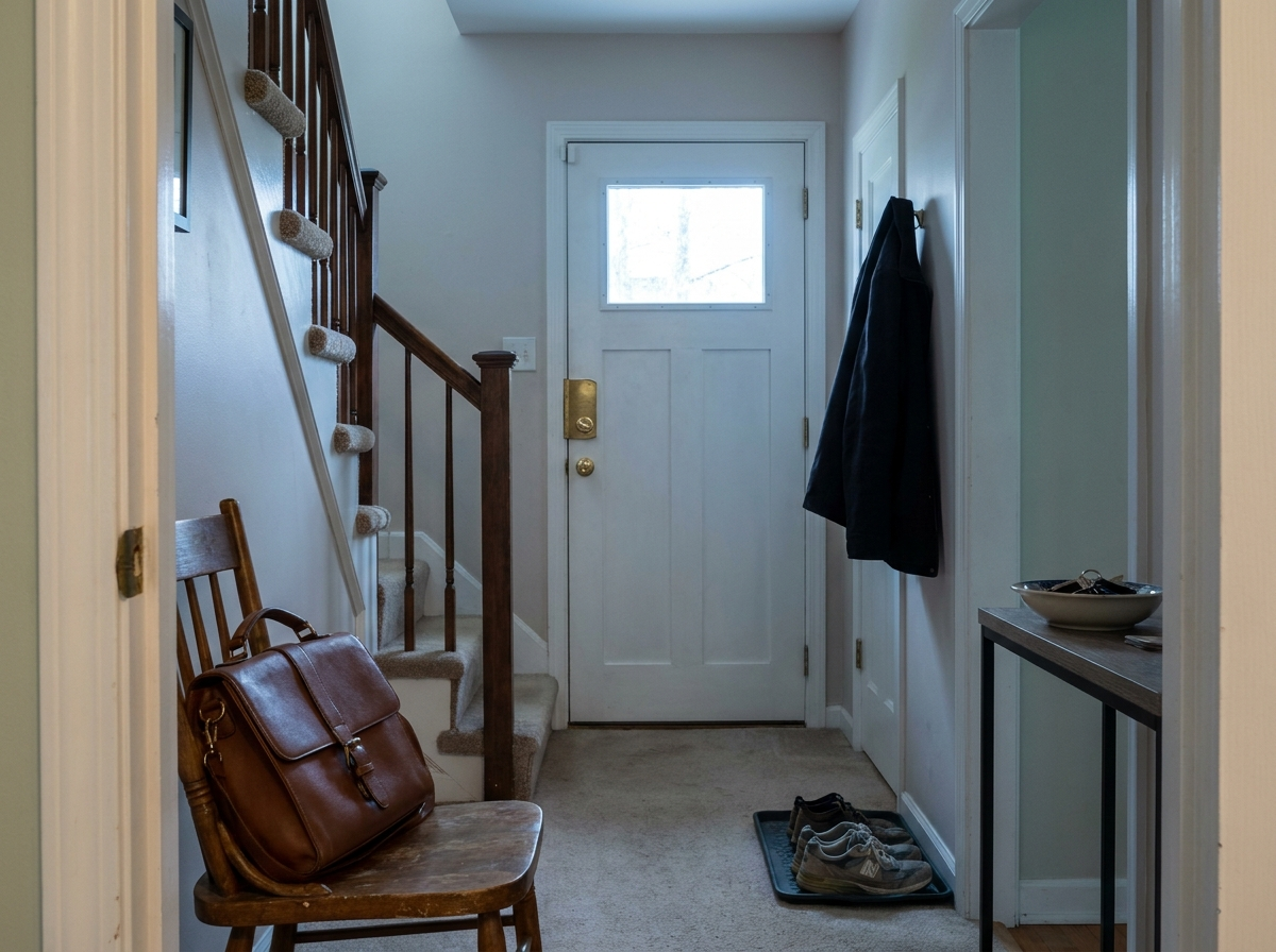 An empty hallway seen from a doorway, a closed purse on a hall chair and the front door far beyond it