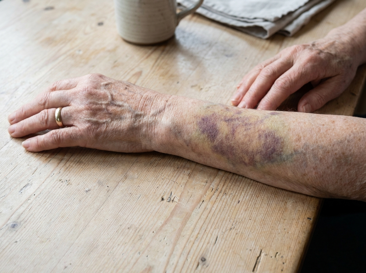 An older woman's forearm on a kitchen table with a large soft-edged bruise, morning light