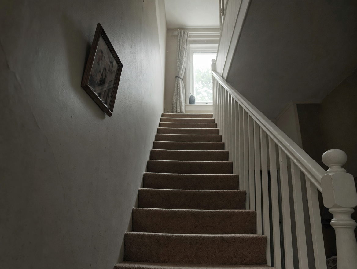 An empty carpeted staircase in an ordinary home, early morning light from the landing window, nobody there