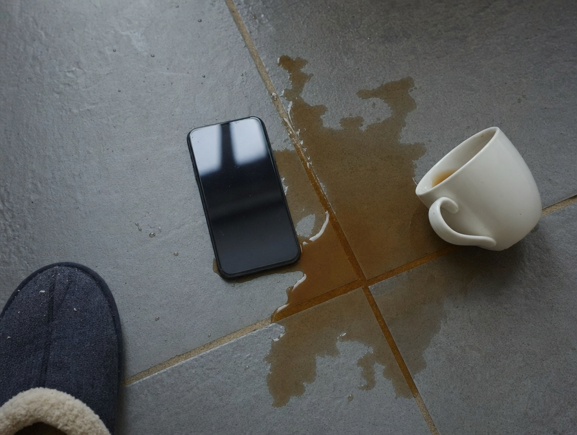 A locked phone face up on a kitchen floor beside a dropped mug and spilled tea