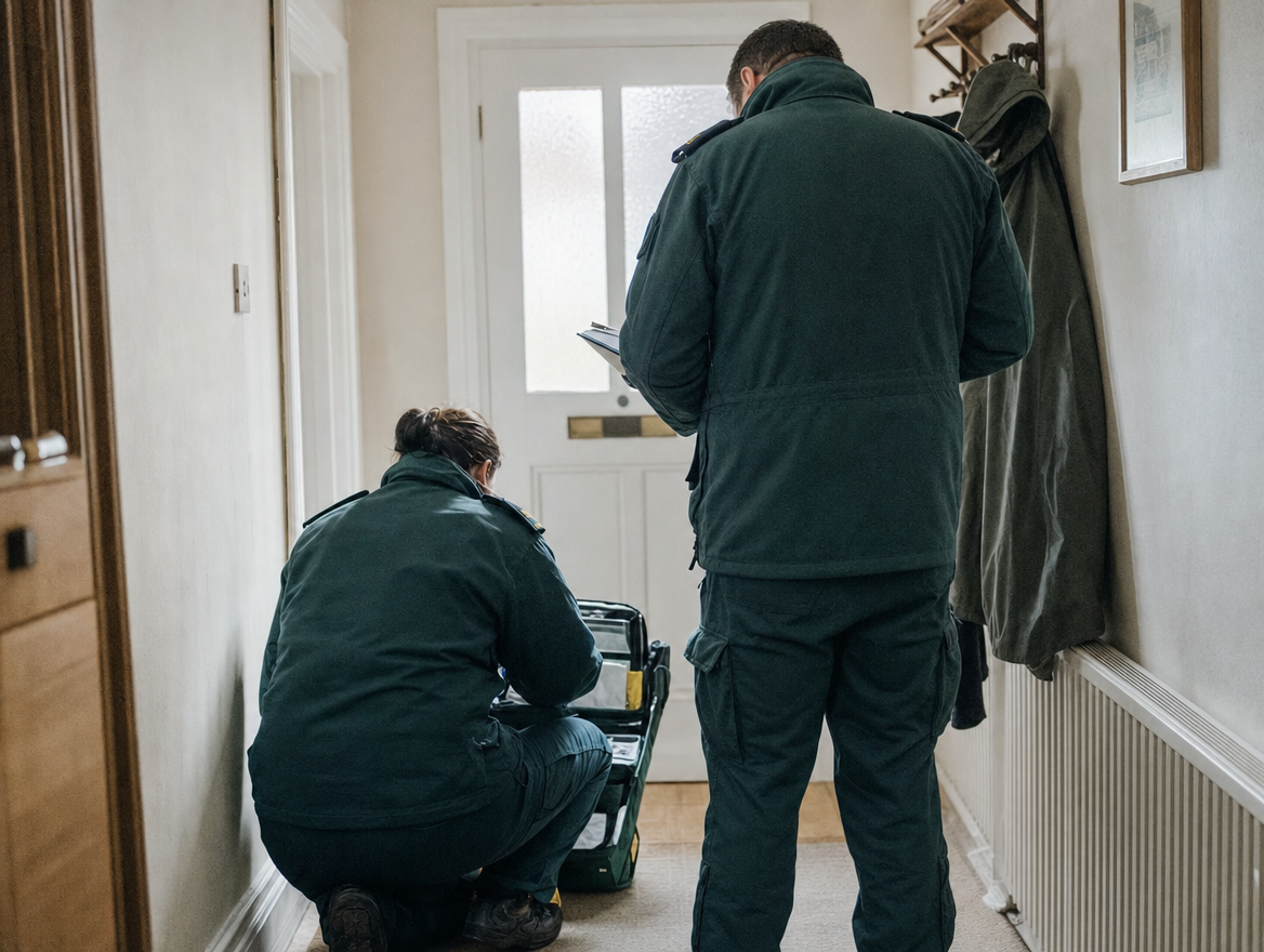 Two ambulance paramedics working calmly in the hallway of an ordinary home, seen from behind
