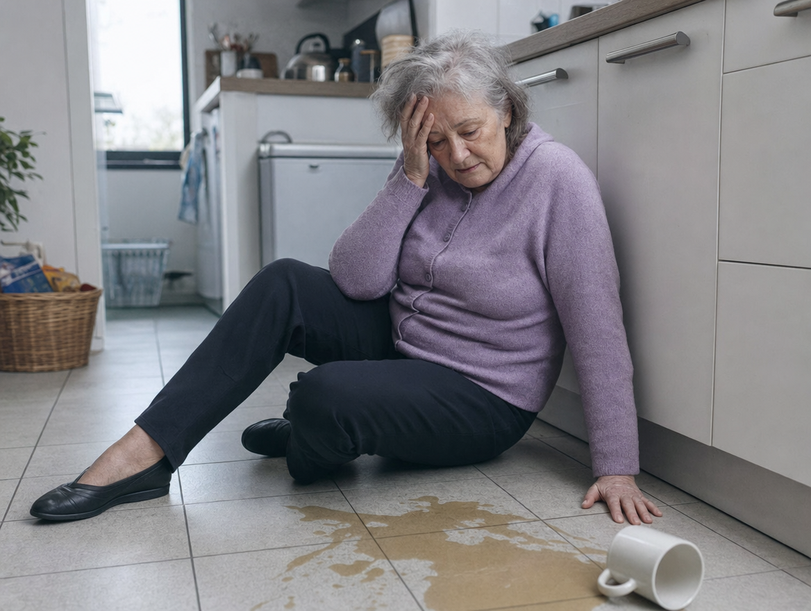 A woman in her late sixties sitting on her own kitchen floor after a fall, one hand to her temple, a dropped mug and spilled tea beside her