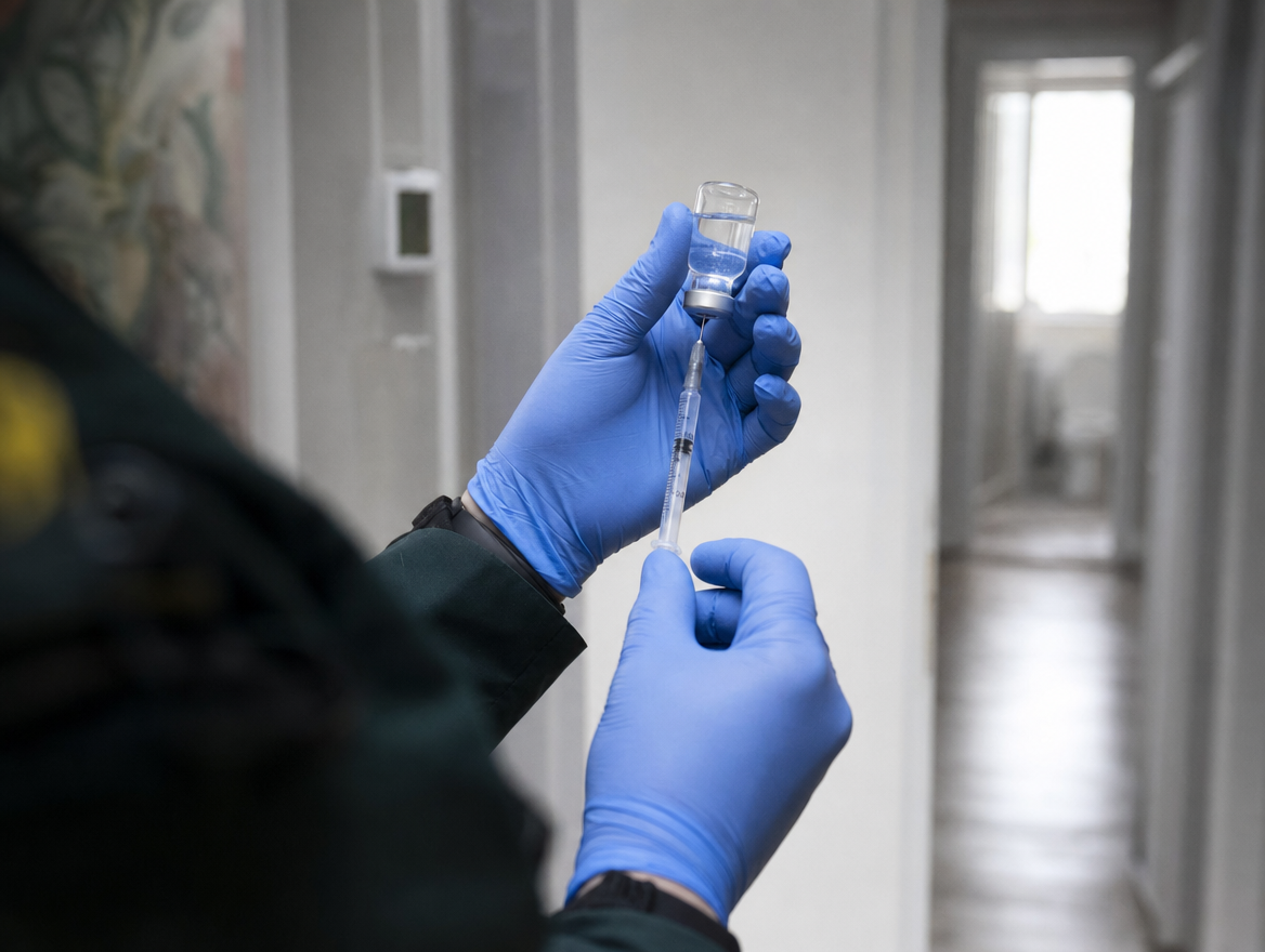 A paramedic's gloved hands drawing medication from a glass vial into a syringe in the hallway of an ordinary home