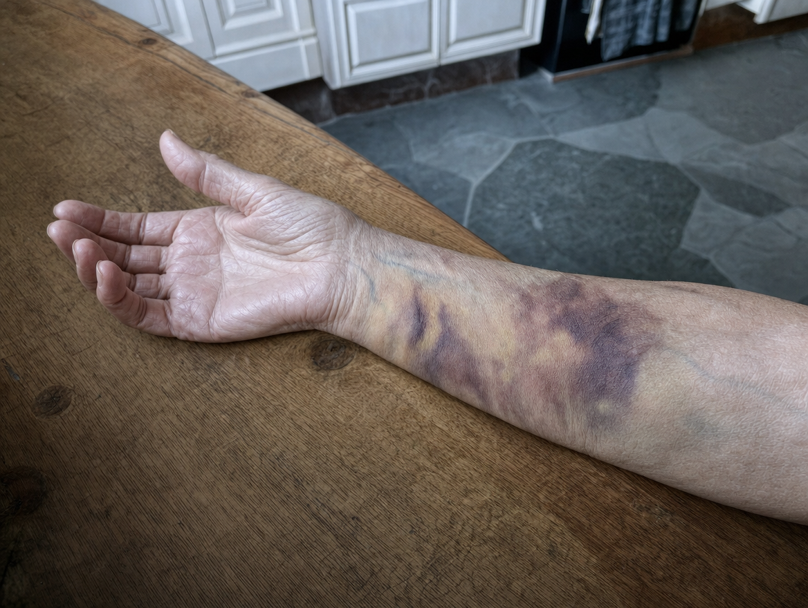 A large dark bruise spread across the inner forearm of an older woman, her arm resting on a wooden kitchen table