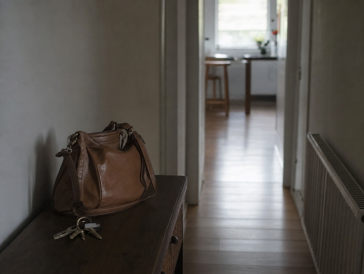 A woman's leather handbag and keys left on a hall console table, an empty hallway leading to a lit kitchen doorway beyond