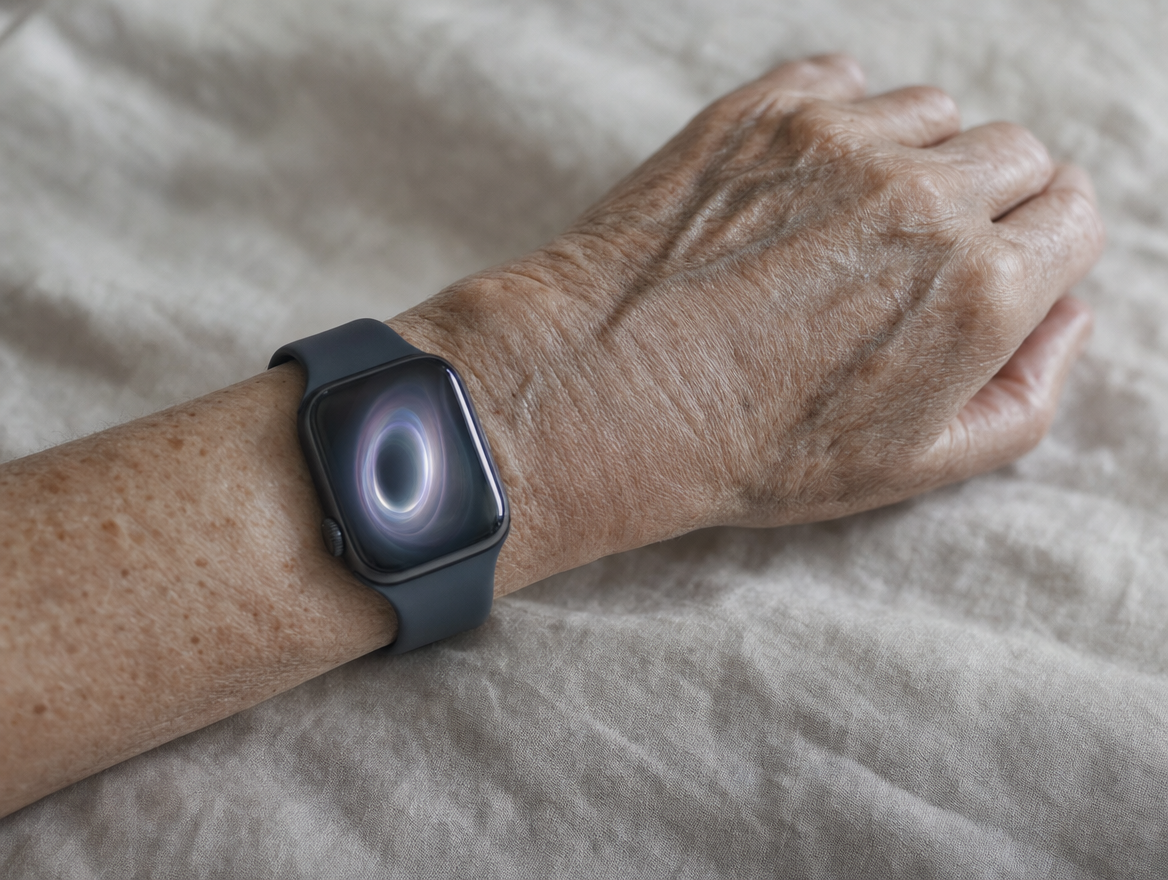 A macro photograph of an older woman's wrist wearing a smartwatch and no other jewellery, resting on pale linen