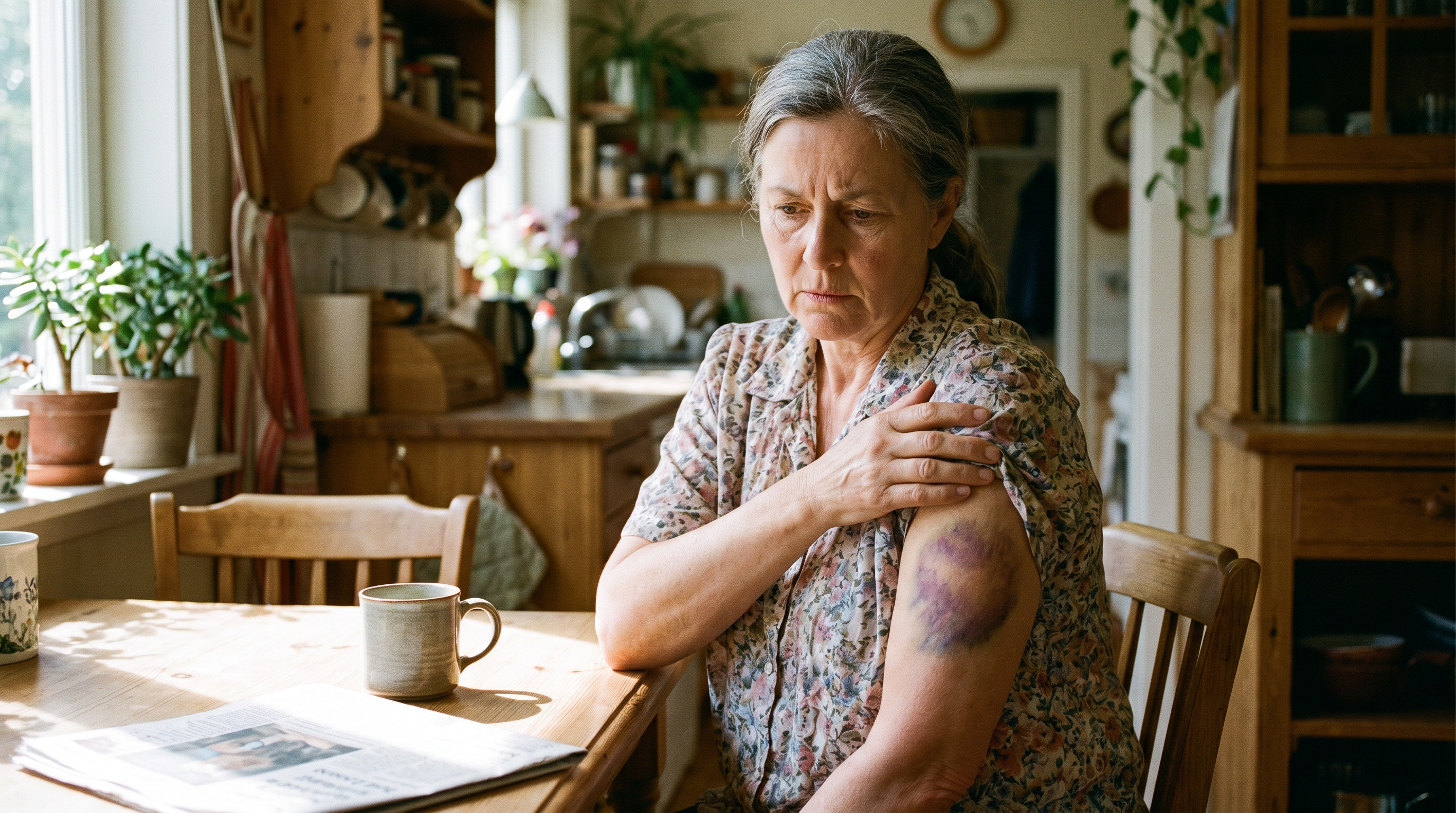 Close-up of woman's arm showing a large bruise, soft natural light