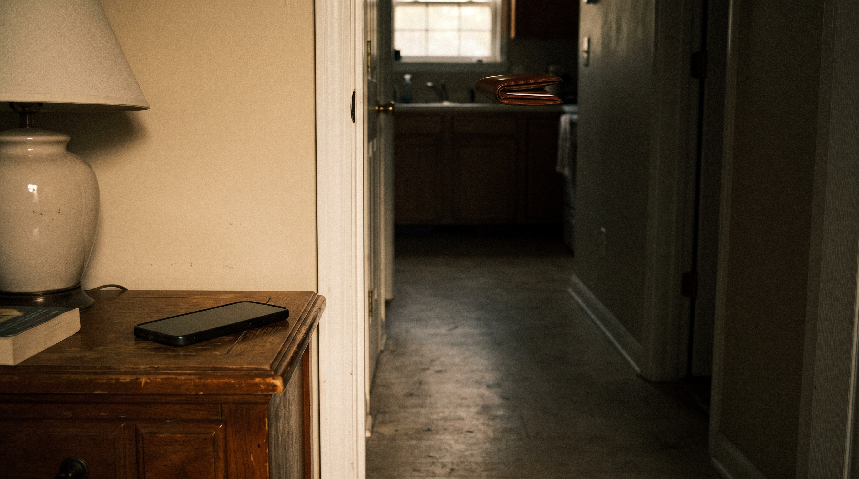 Phone on nightstand, wallet on counter in background, empty hallway between them