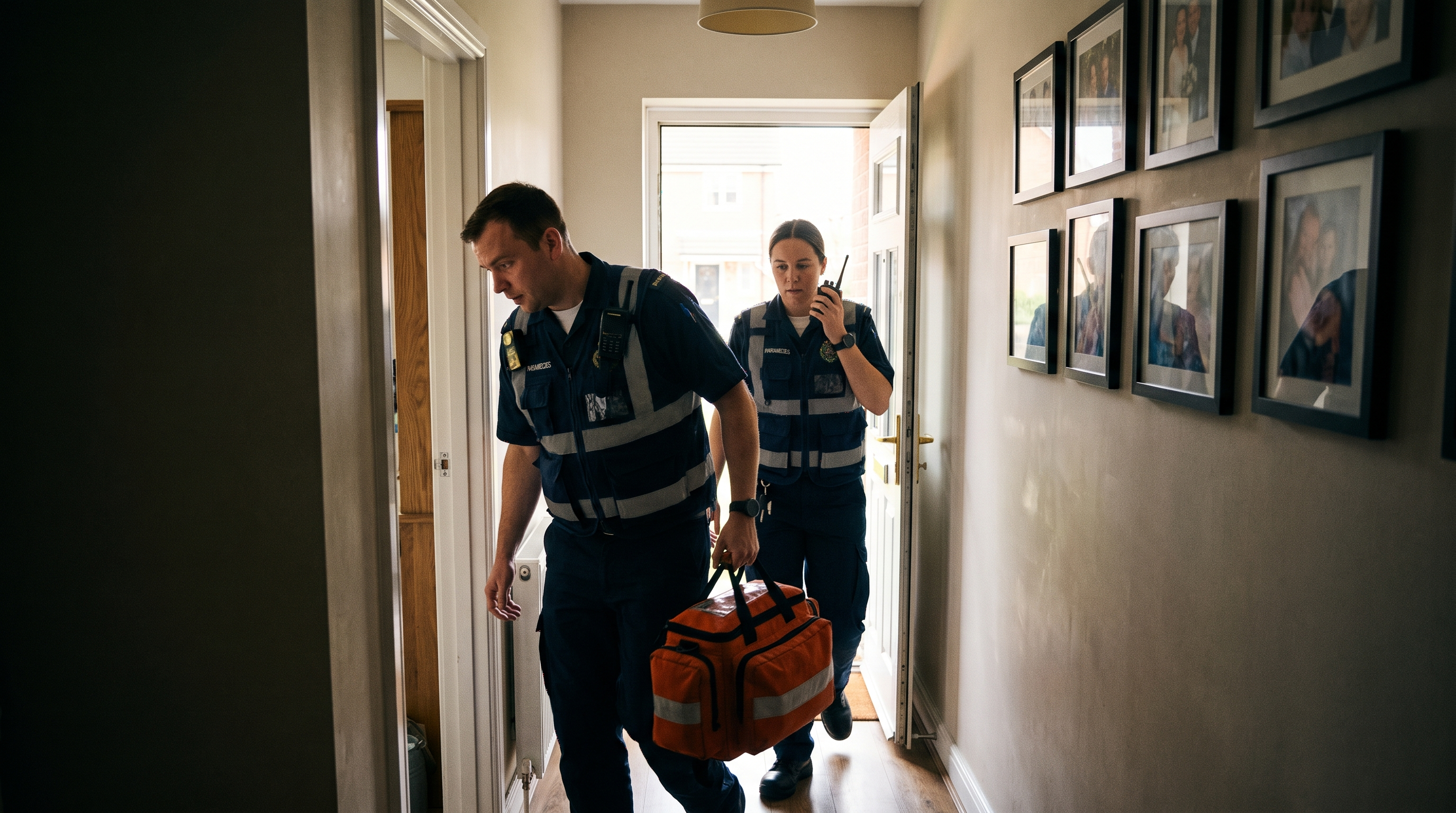 Paramedic crew arriving at a home, urgency in their movement, dramatic lighting