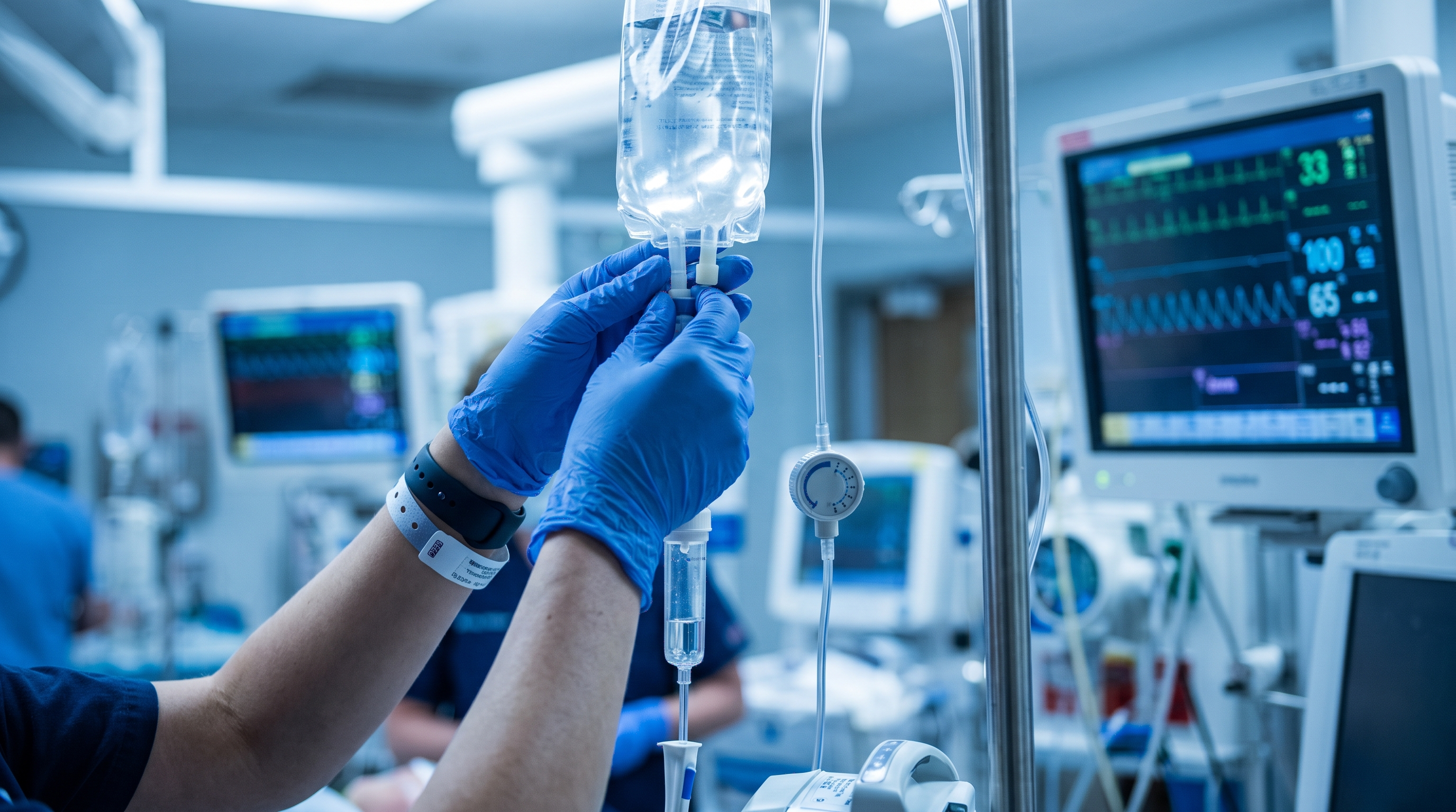 Close-up of IV bag being hung in a trauma bay, clinical urgency