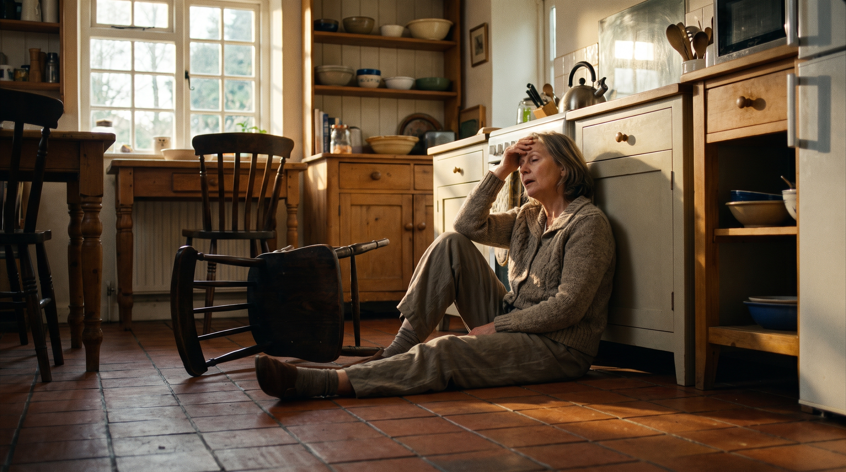 Woman who has fallen at home, dramatic low angle from kitchen floor
