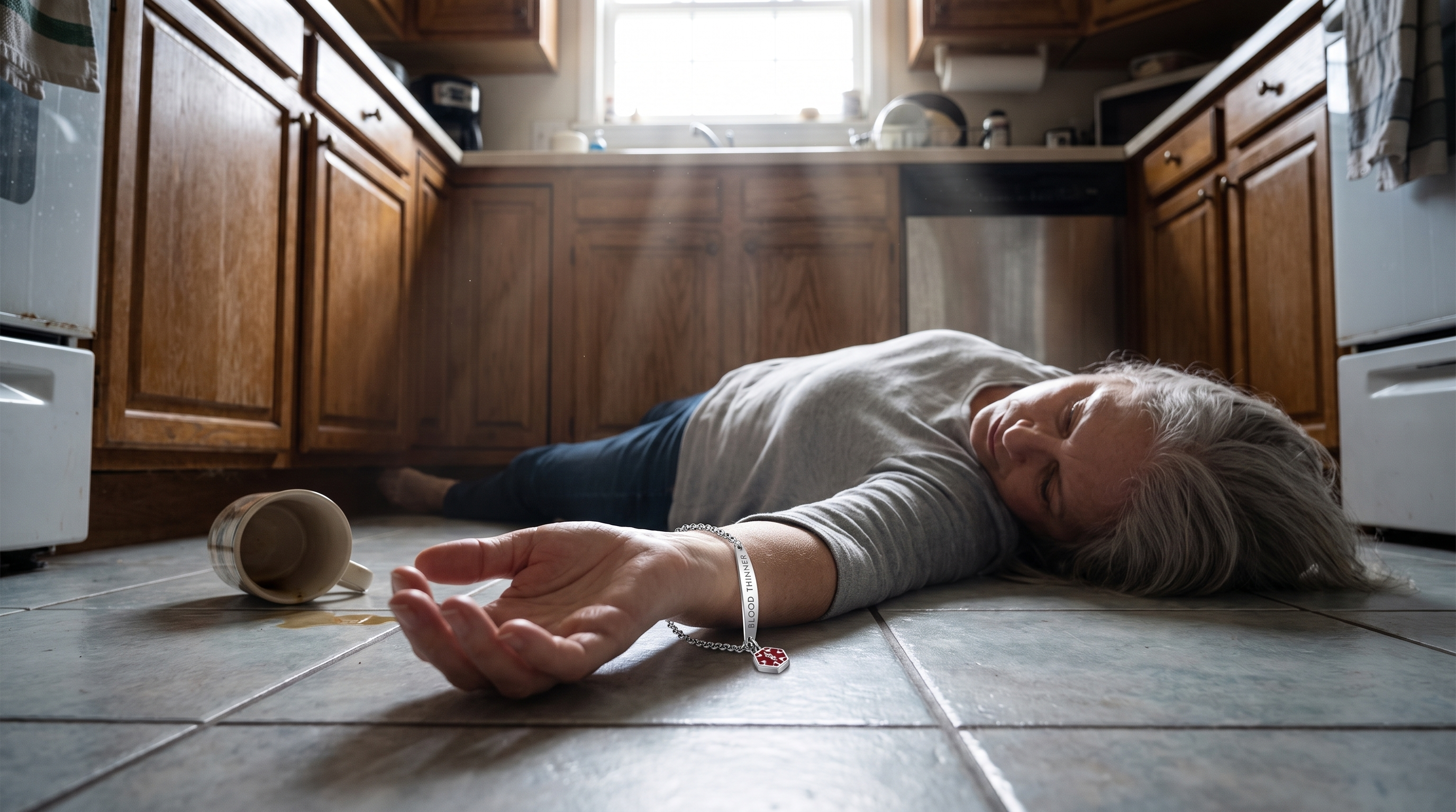 Dramatic scene of a woman on a kitchen floor, bracelet visible on her outstretched wrist