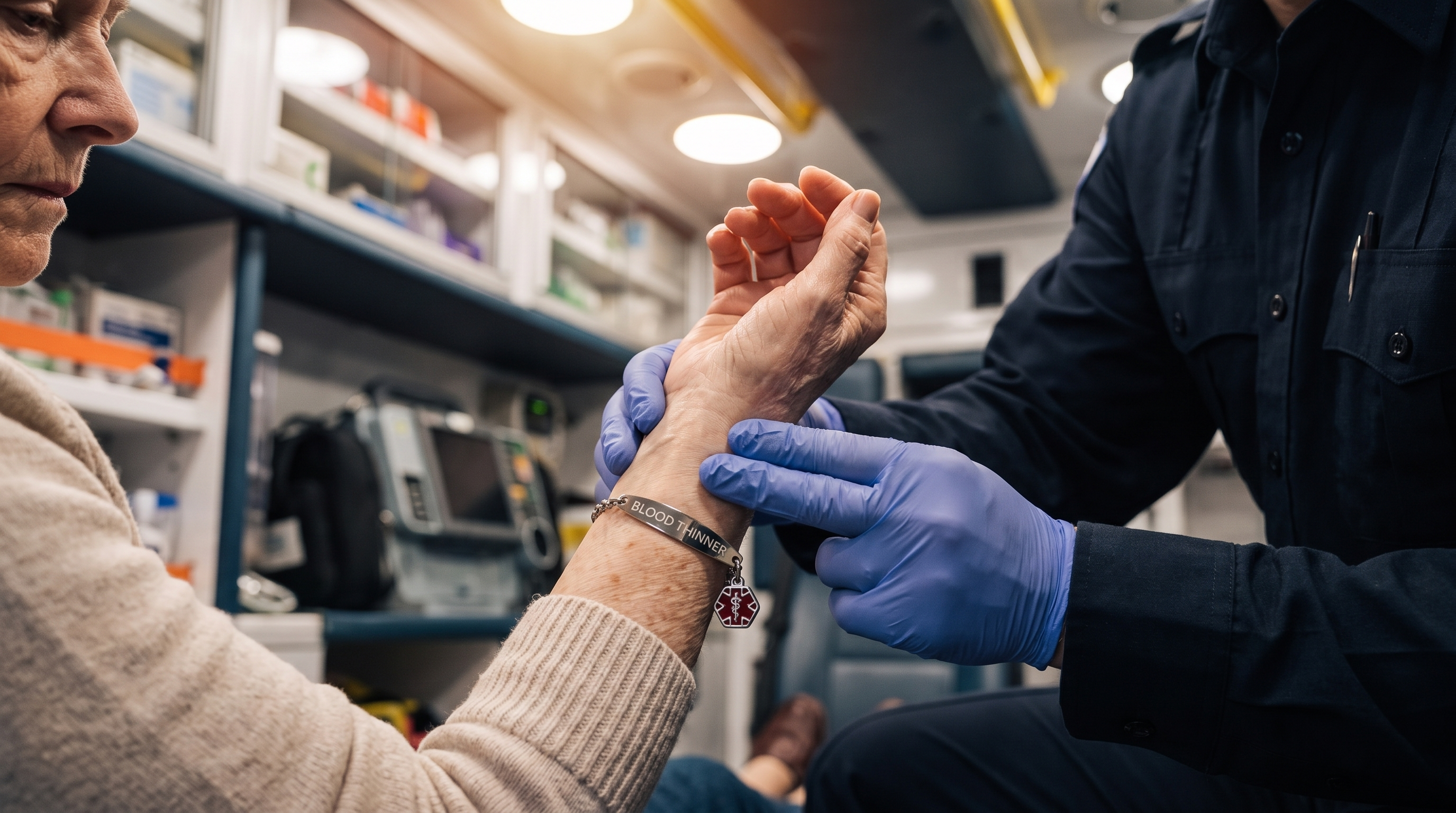 Paramedic hand reaching for patient wrist, WristAlert bracelet visible, ambulance interior