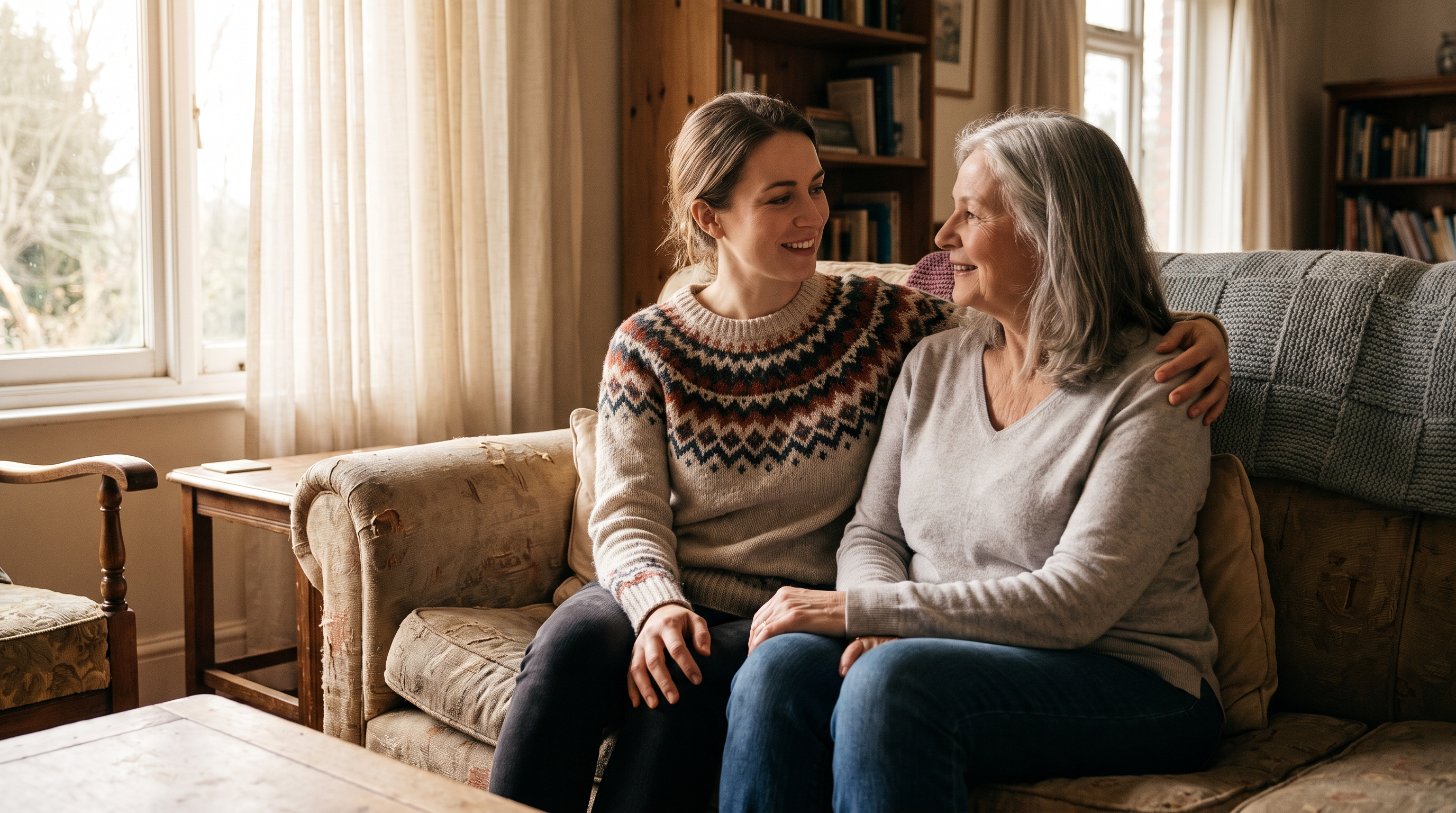 Mother and adult daughter together, warm emotional moment, sunlit room