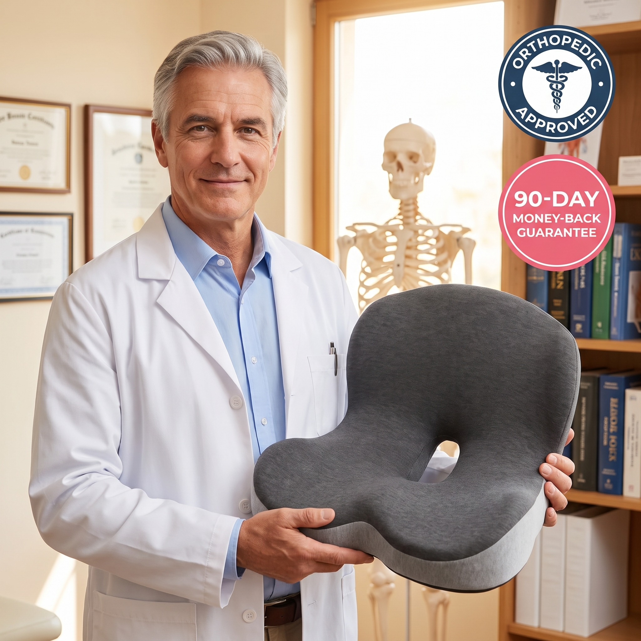 Doctor holding Hour Four cushion in medical office