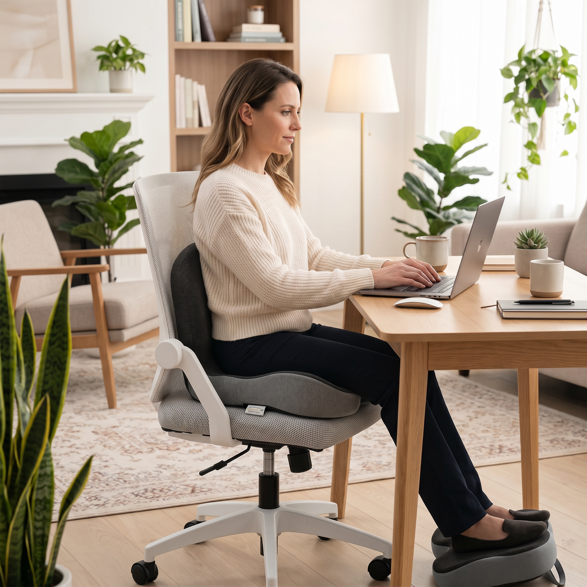 Woman working from home seated on Hour Four cushion
