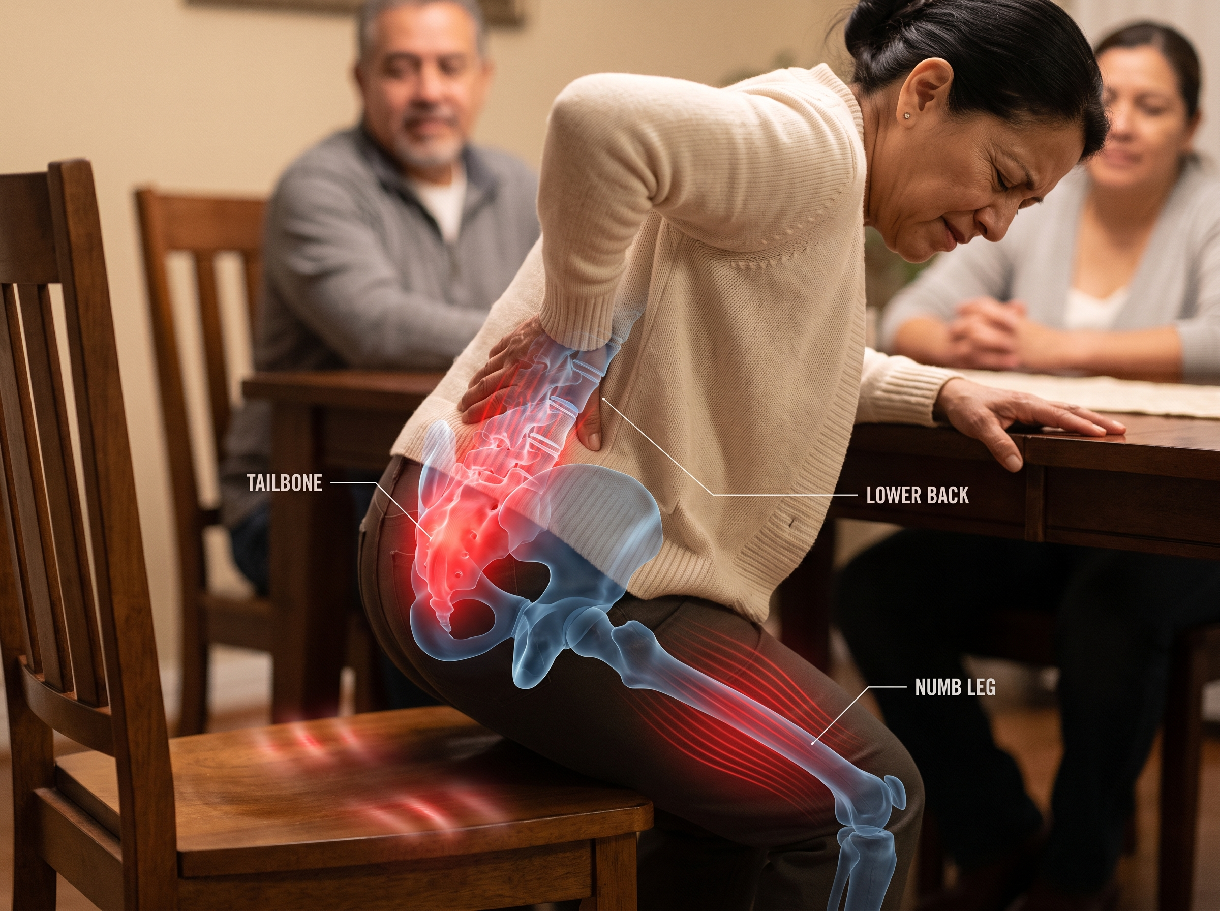 Woman half-risen from a dining chair with tailbone, lower back and leg pain shown in an anatomical overlay while her family watches