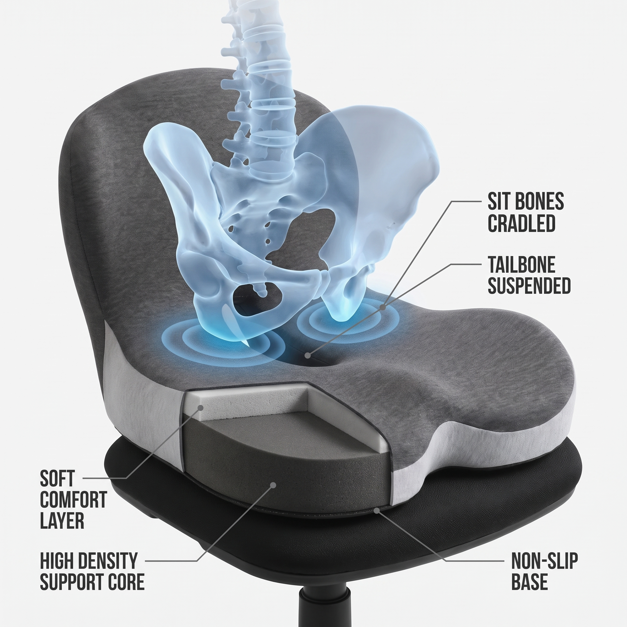 Cutaway of the Hour Four cushion showing the soft comfort layer, high density support core and non-slip base, with a pelvis seated on it, sit bones cradled and tailbone suspended in the cut-out