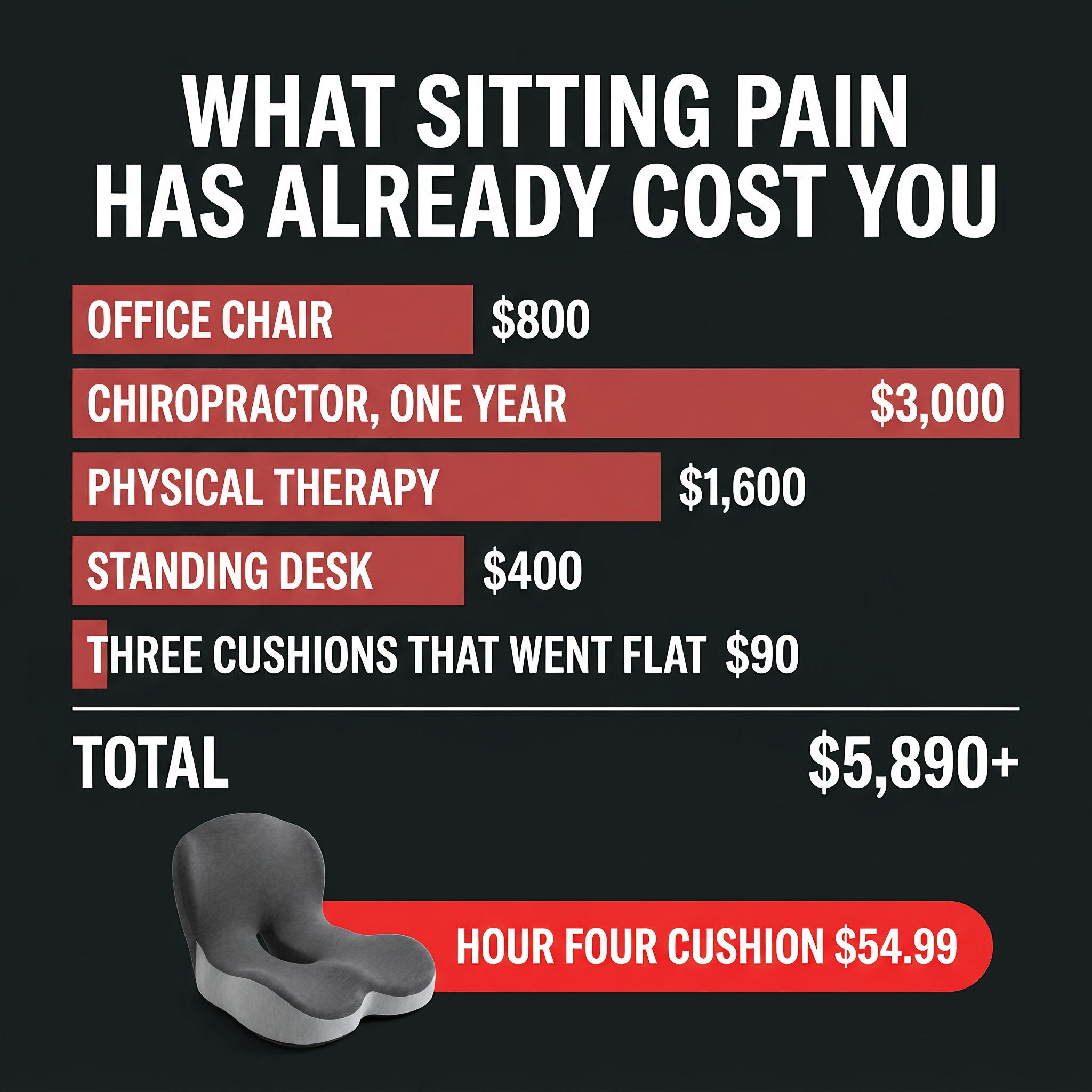 Cost comparison: $5,890+ on failed solutions versus $54.99 Hour Four cushion