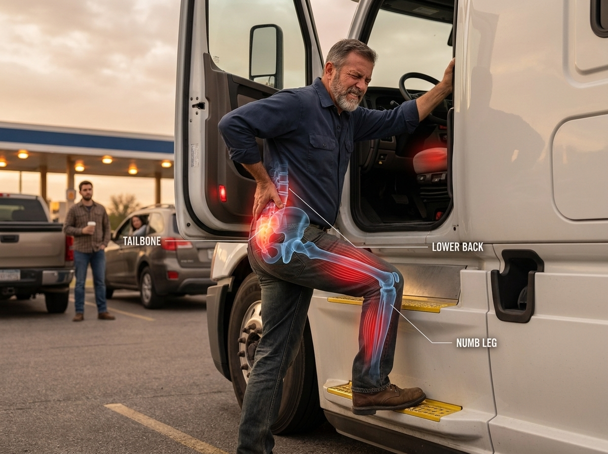 Male truck driver stepping down from a semi-truck cab in a rest-stop parking lot, one hand on the door frame, wincing, with an anatomical overlay lighting up his tailbone, lower back and one numb leg while another driver at the fuel pump watches