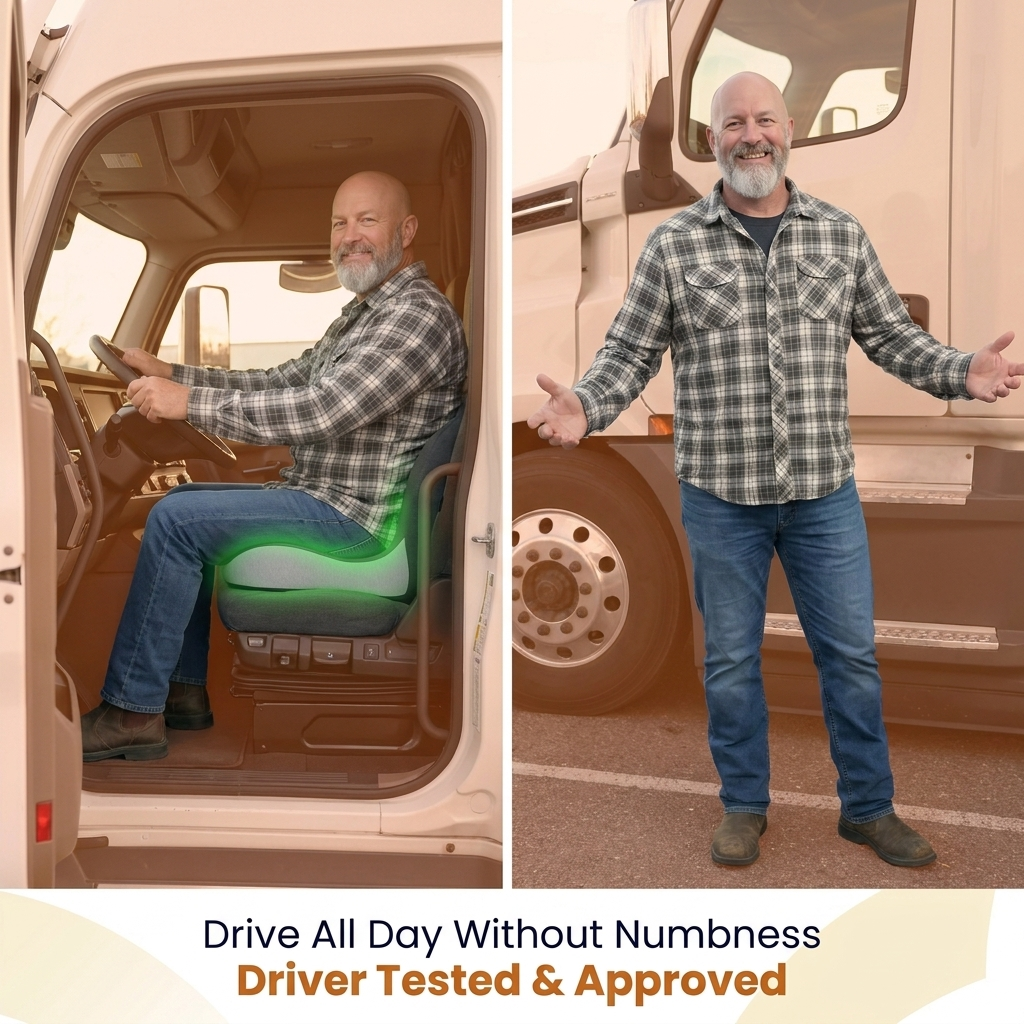 Same 55-year-old bearded male driver, before and after: seated in the truck cab with the Hour Four cushion glowing green under him, then standing beside the open cab door, smiling and pain-free
