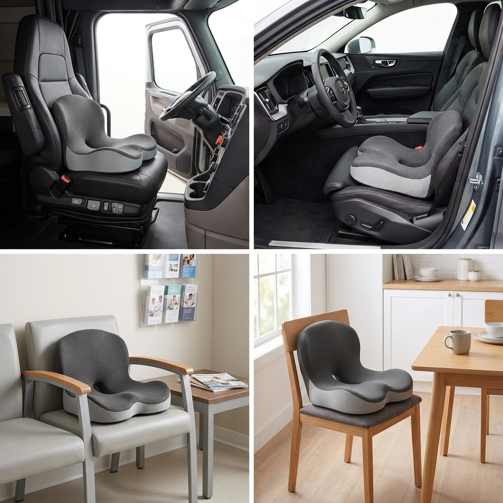 Hour Four cushion shown on a semi-truck cab driver seat, a modern car driver seat, a medical waiting-room chair, and a kitchen dining chair