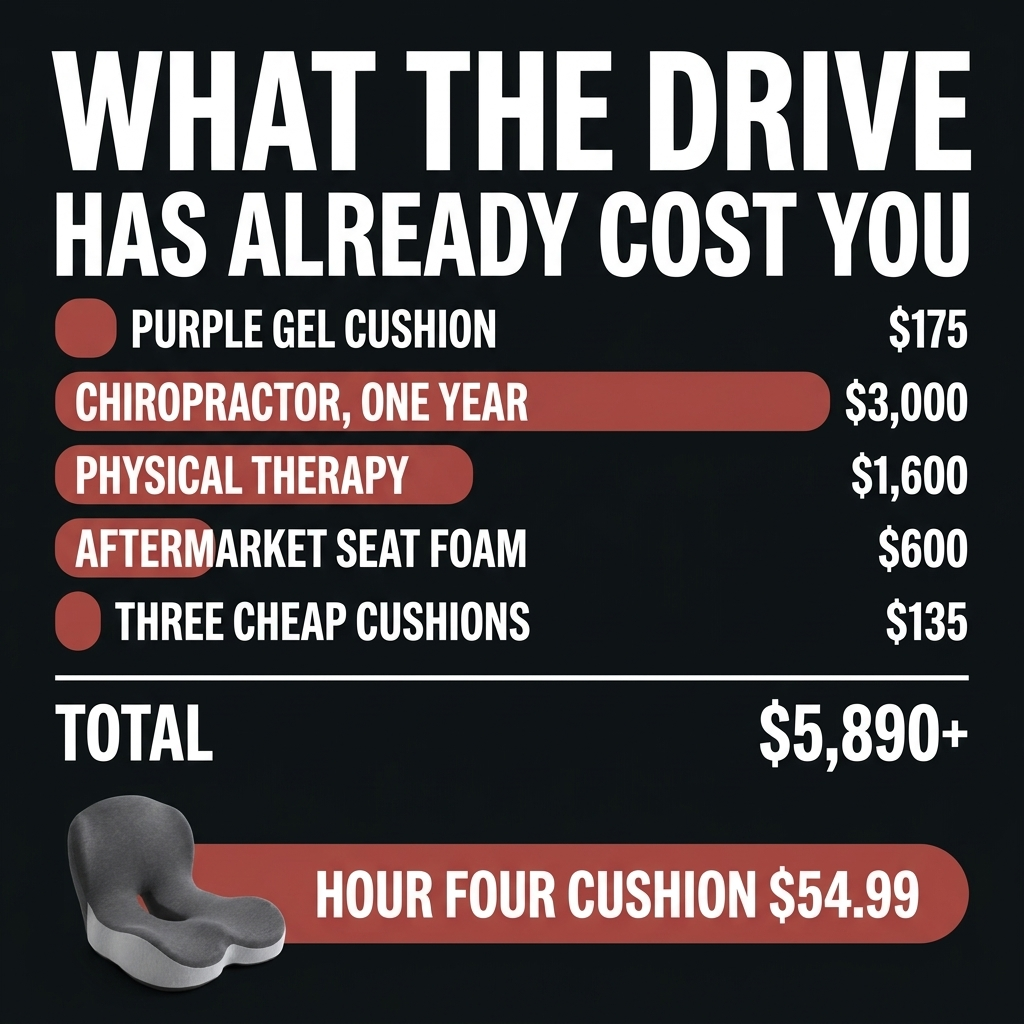 Cost comparison: $5,890+ on failed solutions versus $54.99 Hour Four cushion