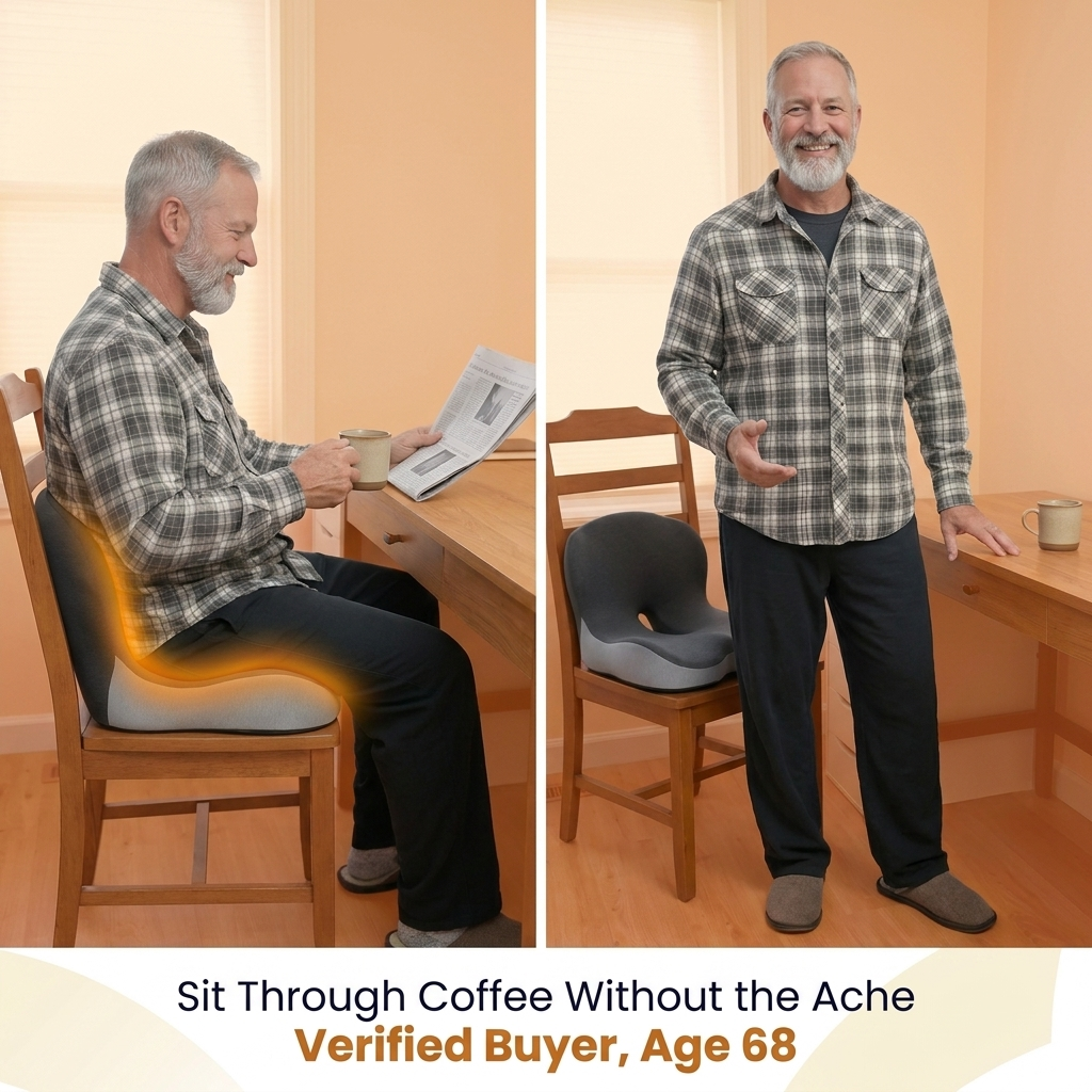 Same senior man before/after: seated at his kitchen table with the Hour Four cushion glowing amber on his chair, then standing beside the chair calm and smiling