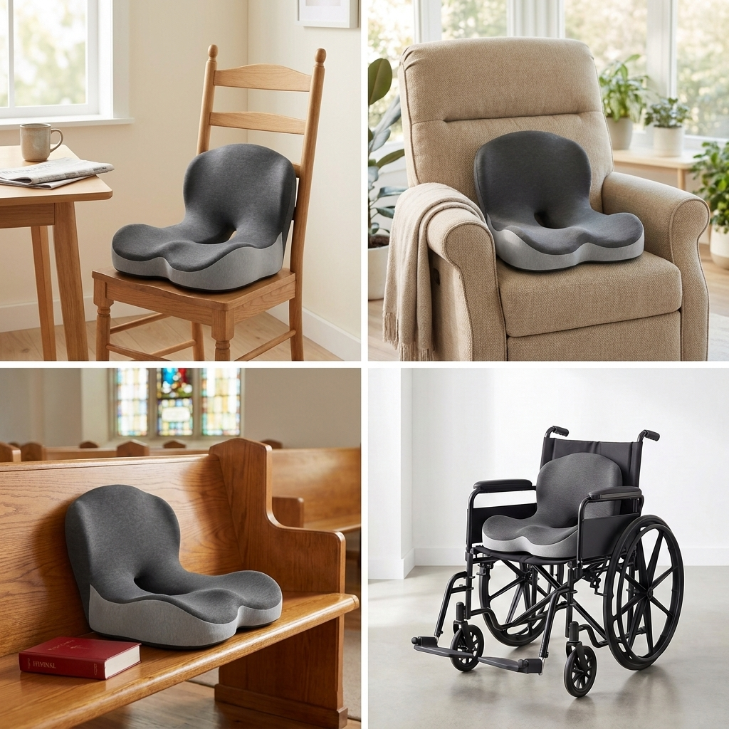 Hour Four cushion shown on a wooden kitchen chair, an upholstered sunroom recliner, a polished wooden church pew, and a folding wheelchair