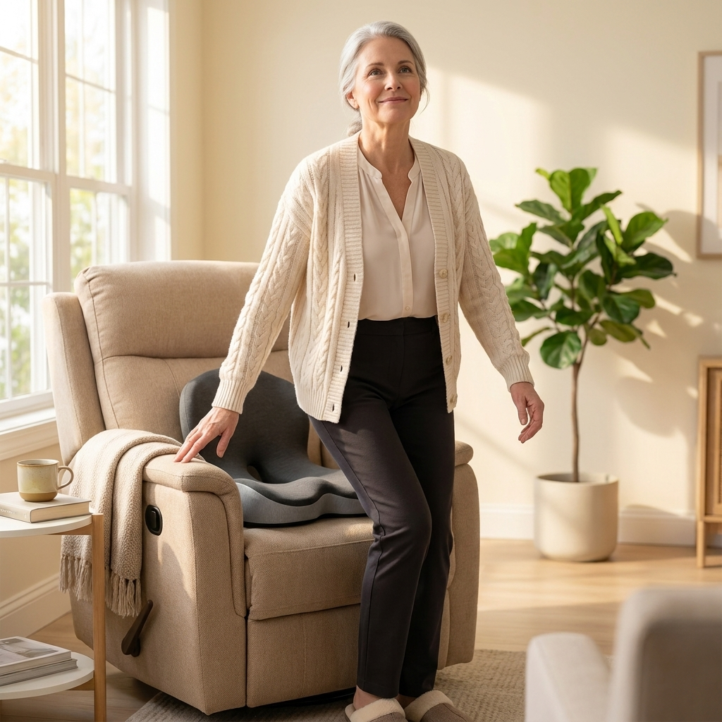 Older woman standing up from a recliner in a warm sunroom, hand no longer on the arm of the chair, Hour Four cushion visible on the seat pan behind her, calm and relaxed