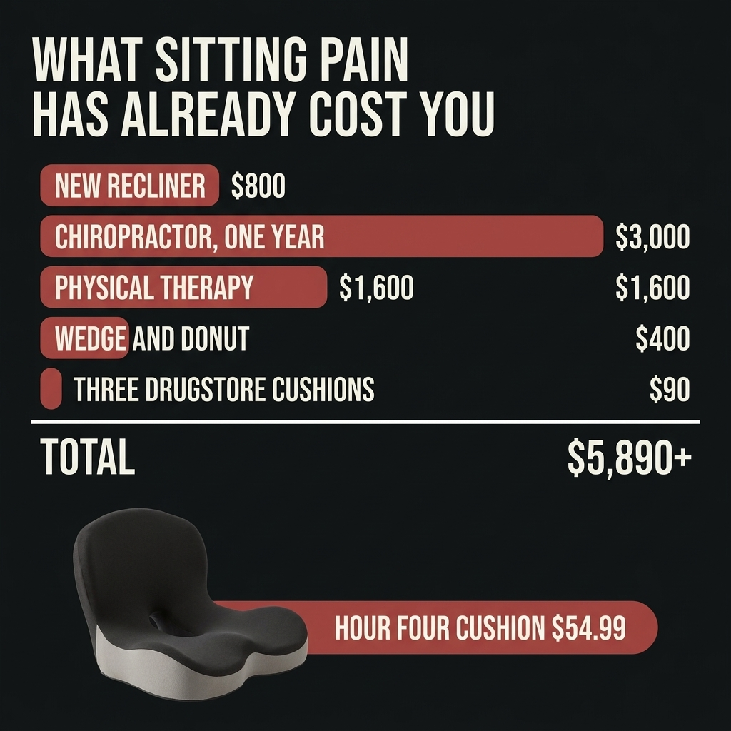 Cost comparison: $5,890+ on failed solutions versus $54.99 Hour Four cushion