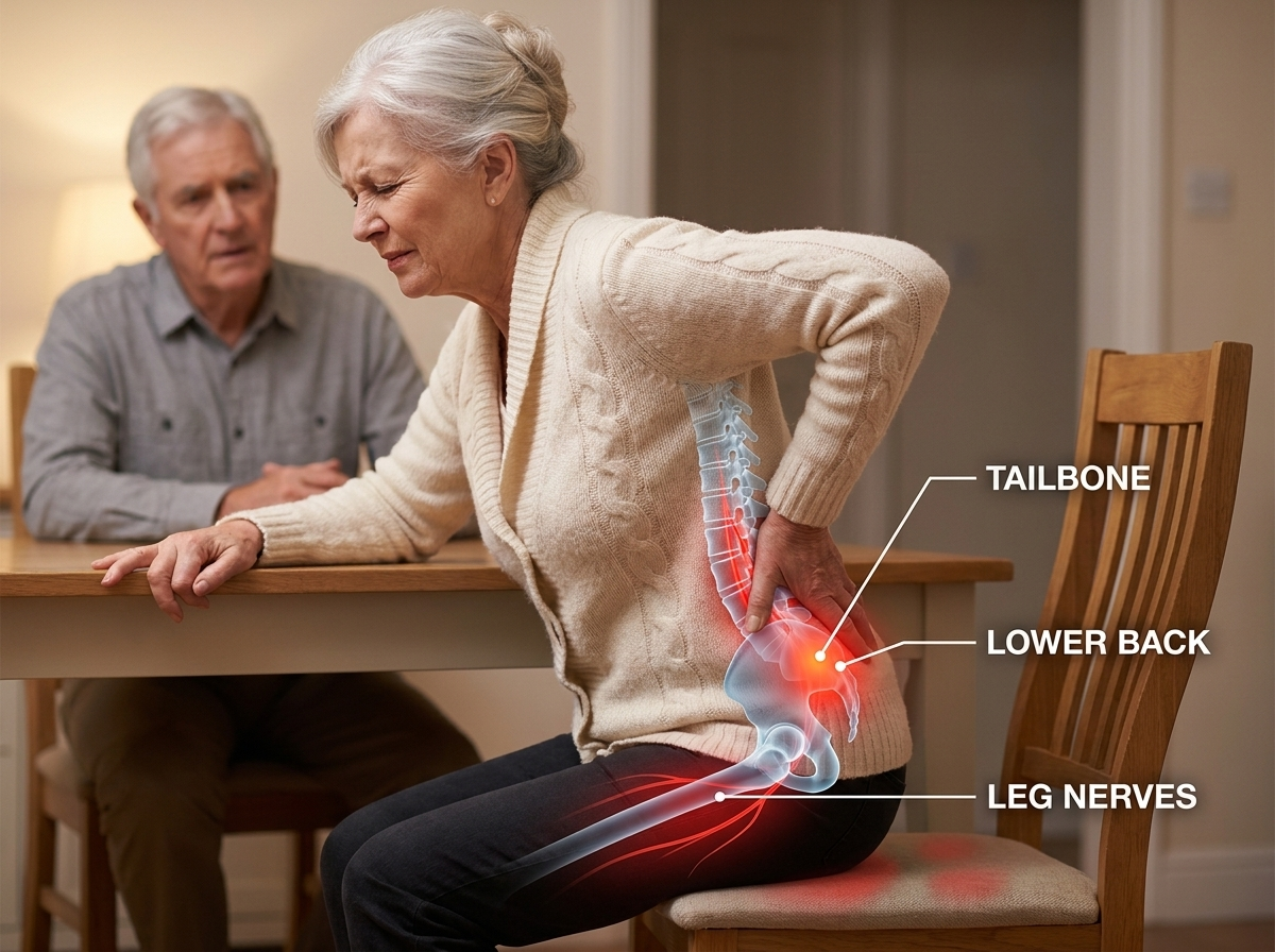 Photograph of an older Anglo-American woman around 70 in a cream cable-knit cardigan, half-risen from a wooden dining chair with her right hand pressed to her lower back and her left steadying on the table, dignified wince, natural skin and hair; her husband softly out of focus at the far end of the table; translucent clinical anatomy overlay of spine and pelvis with a hot red tailbone glow and red nerve pathway down the right thigh, three medical labels TAILBONE, LOWER BACK, LEG NERVES; two faint red pressure marks on the wooden chair seat behind her