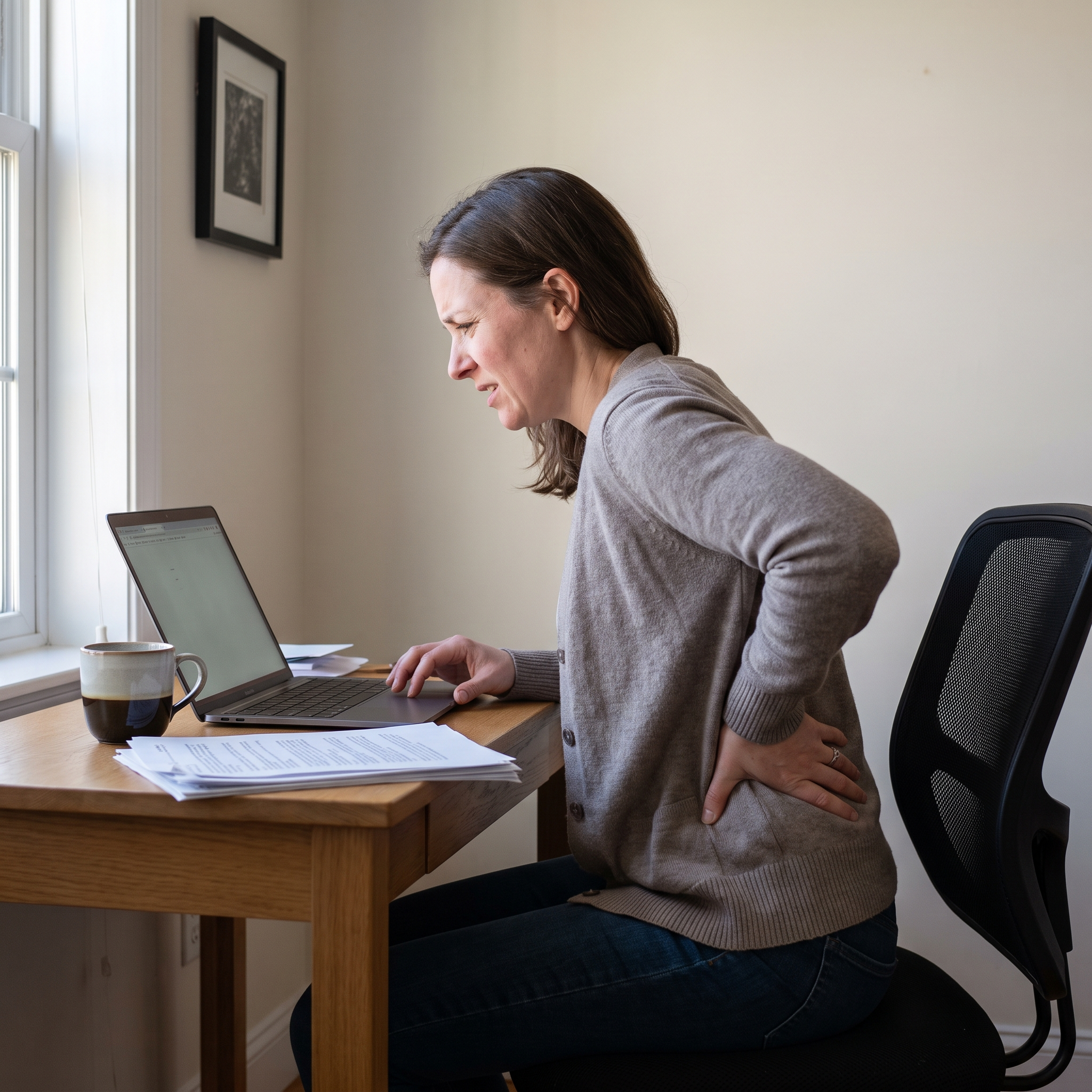 Person at desk in the afternoon, hand pressed to lower back