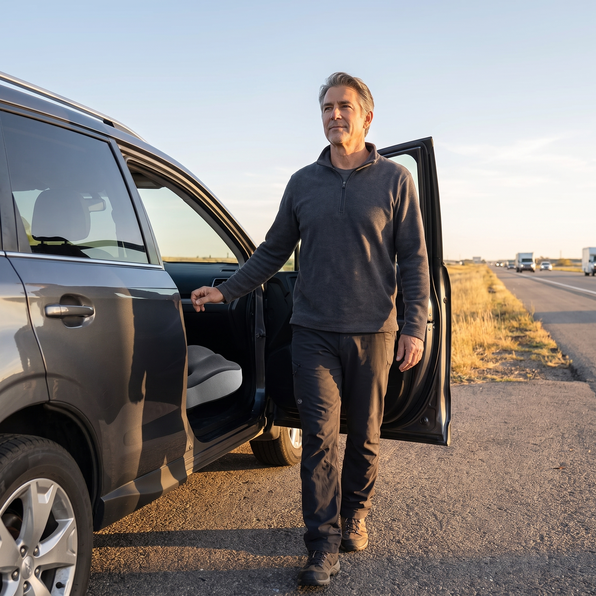 Man stepping out of a car after a long drive