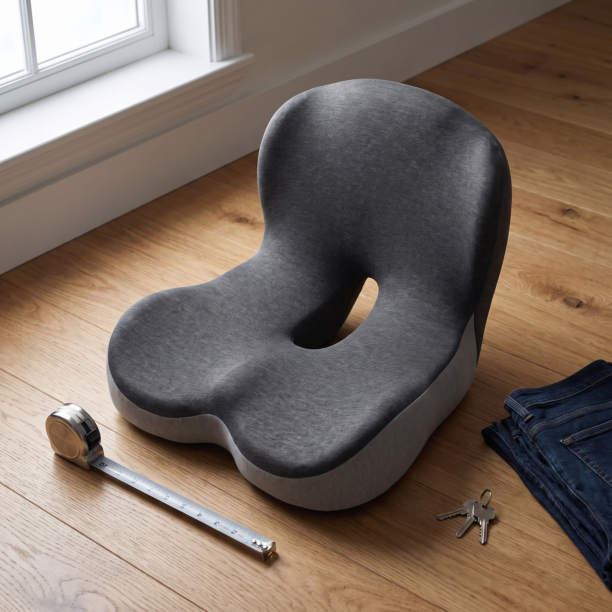Cushion on the floor beside a tape measure