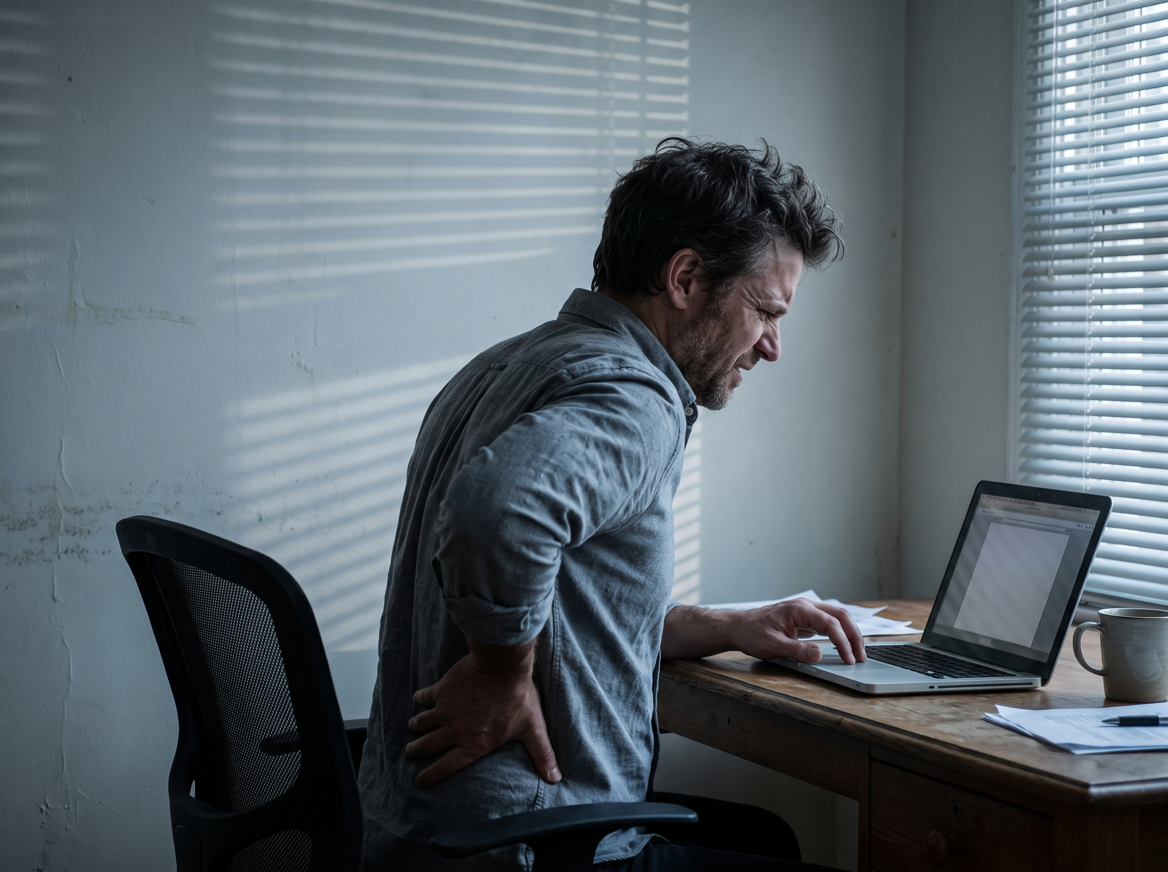 A patient at his desk in the afternoon, one hand pressed to his lower back, showing the four o'clock wall