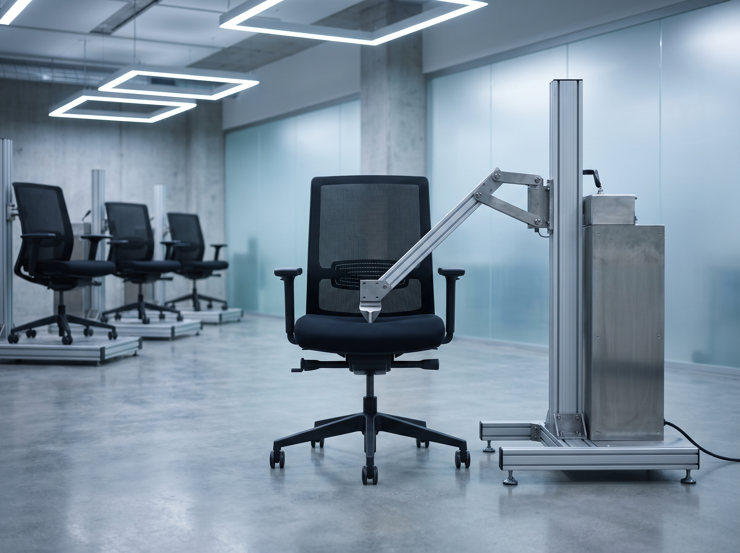 An empty office chair in a durability testing lab, illustrating the fifteen-minute compression standard