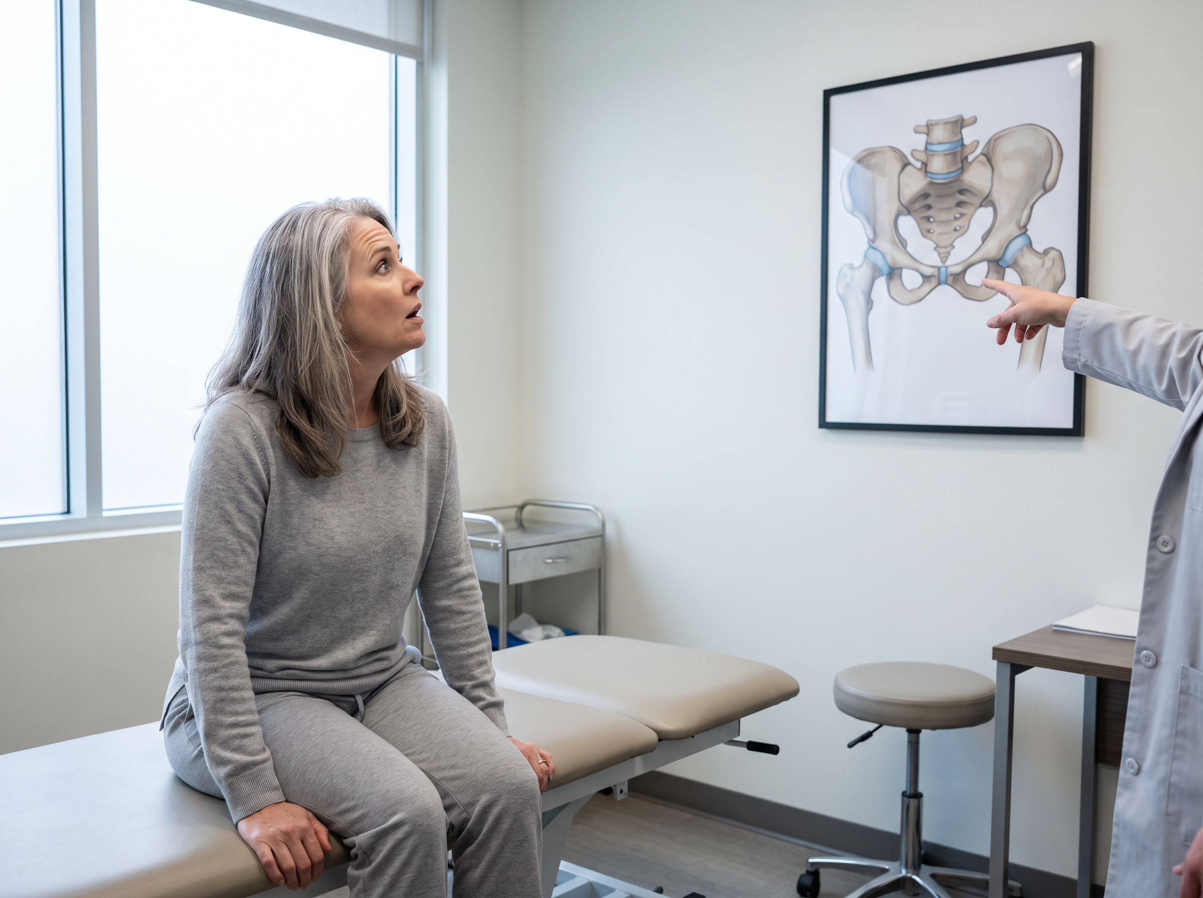 A patient in a physical therapy clinic looking at an anatomical wall poster of the pelvis and coccyx, understanding the mechanism for the first time