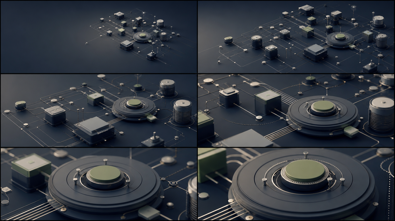 Six-frame storyboard of a connected technical system moving from wide view to system core