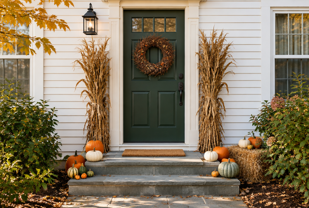 Photorealistic AI-rendered small Stoop porch concept; exact contents are listed below