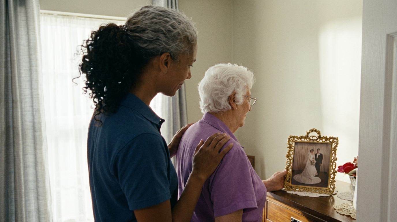 Elderly woman with companion sharing a moment of warmth in a British home