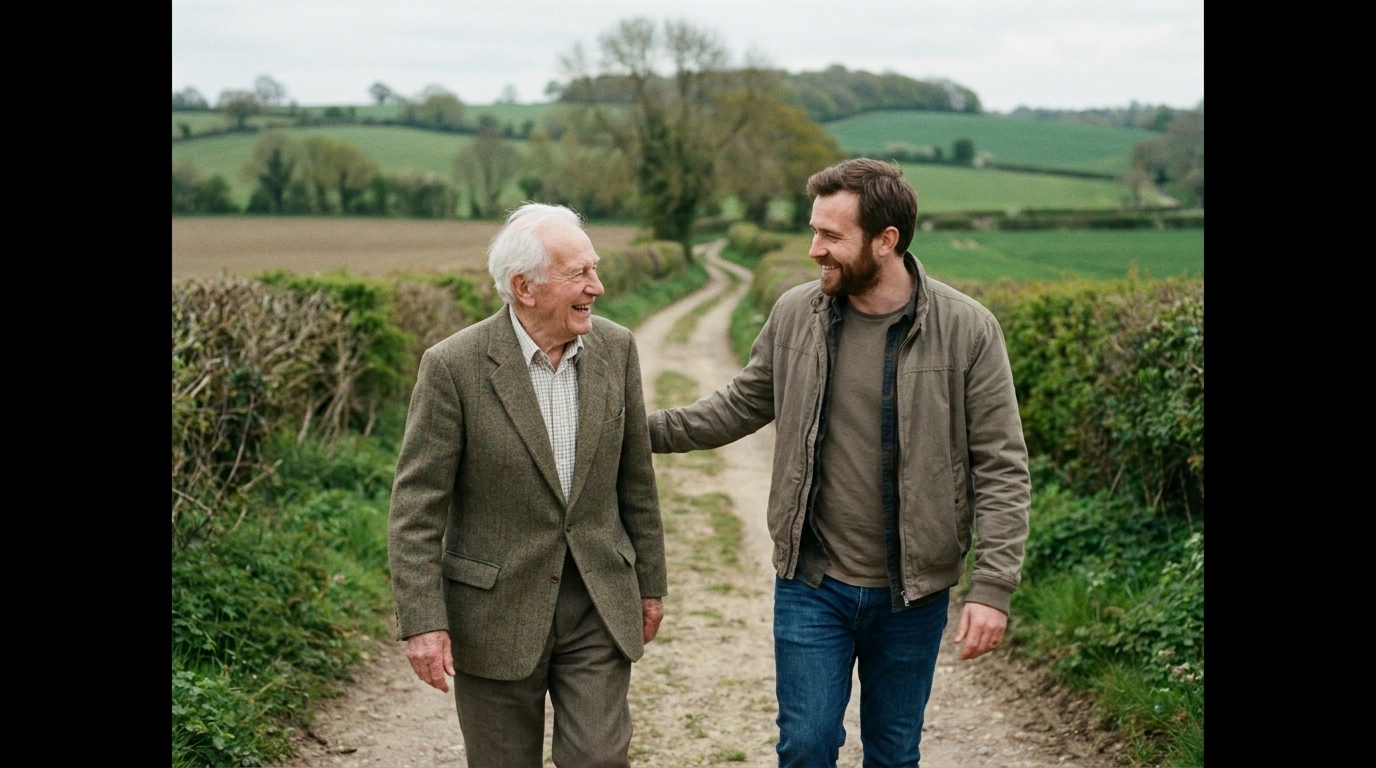 Elderly man and young companion walking outdoors together, both smiling