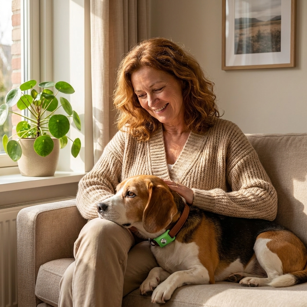 A relaxed dog owner on the couch with her dog wearing the Corvella pendant