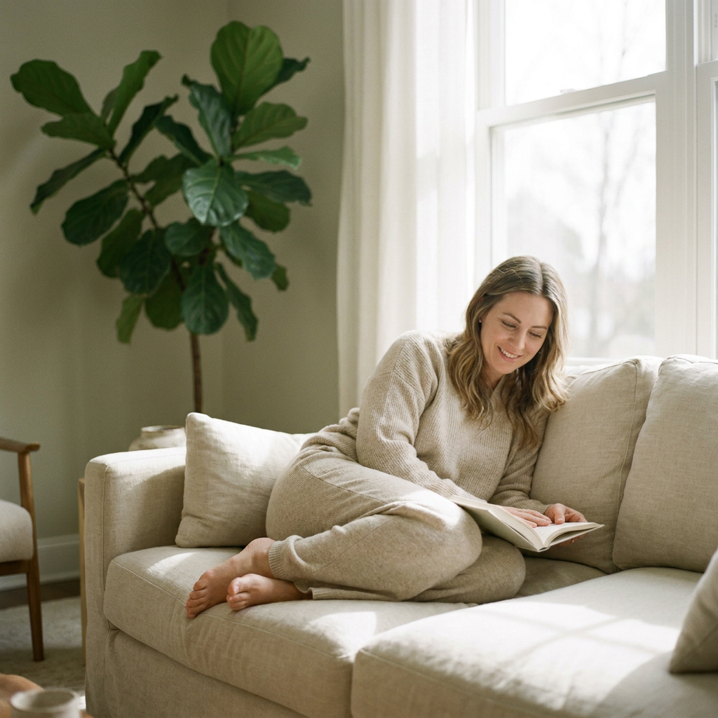 Woman in her thirties reading on a sunlit sofa