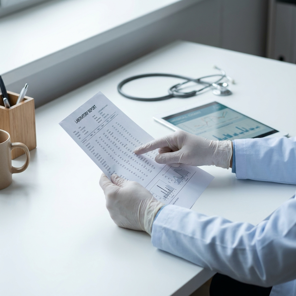 Close-up of a clinician's hands reviewing lab results
