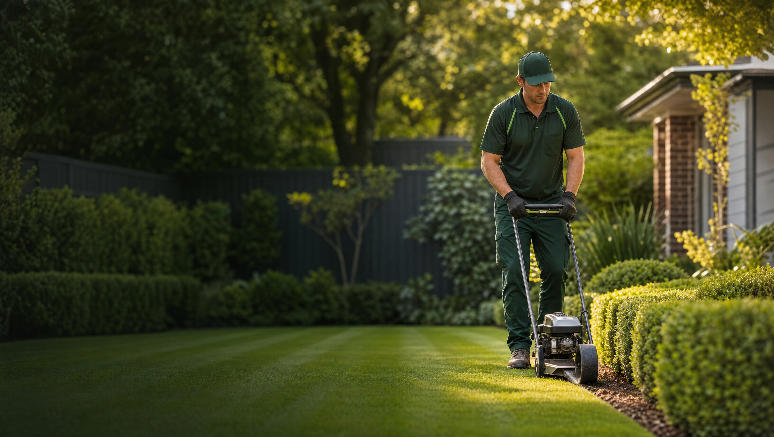 EKO gardener mowing a striped Melbourne lawn